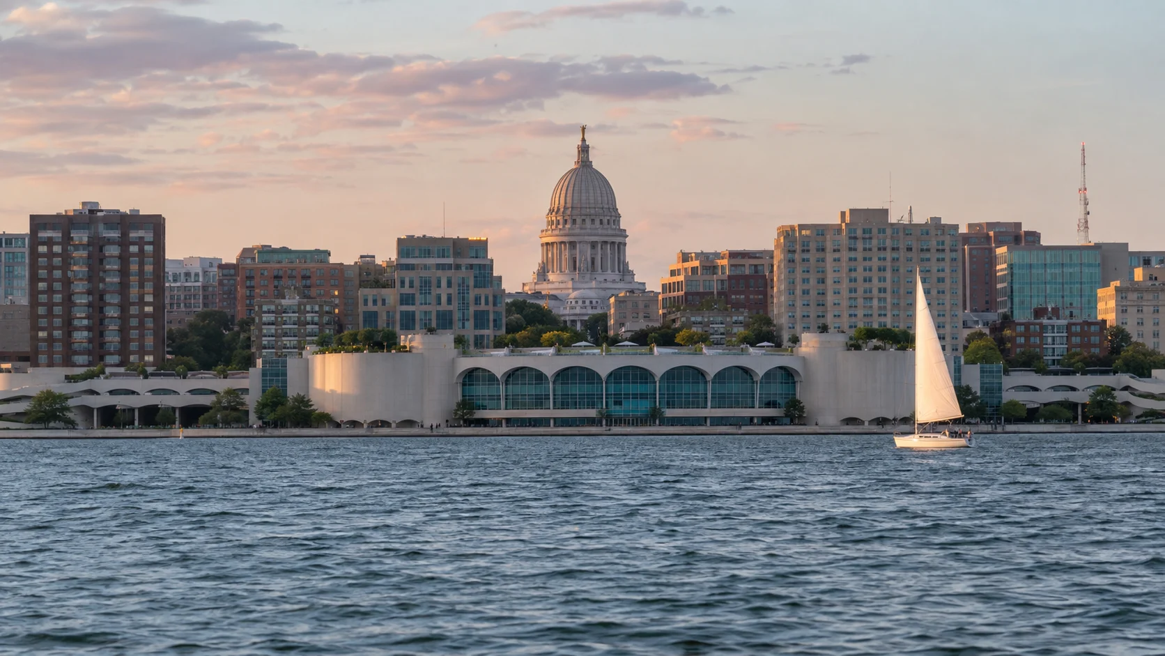 Wisconsin State Capitol overlooking Madison's lakefront.