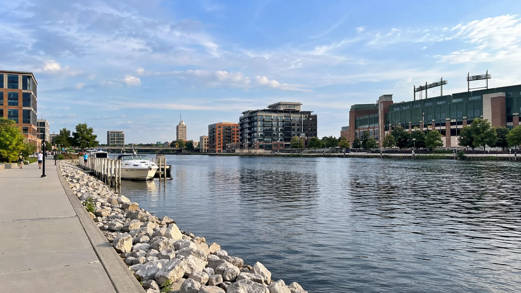 Green Bay riverfront and downtown Wisconsin cityscape.