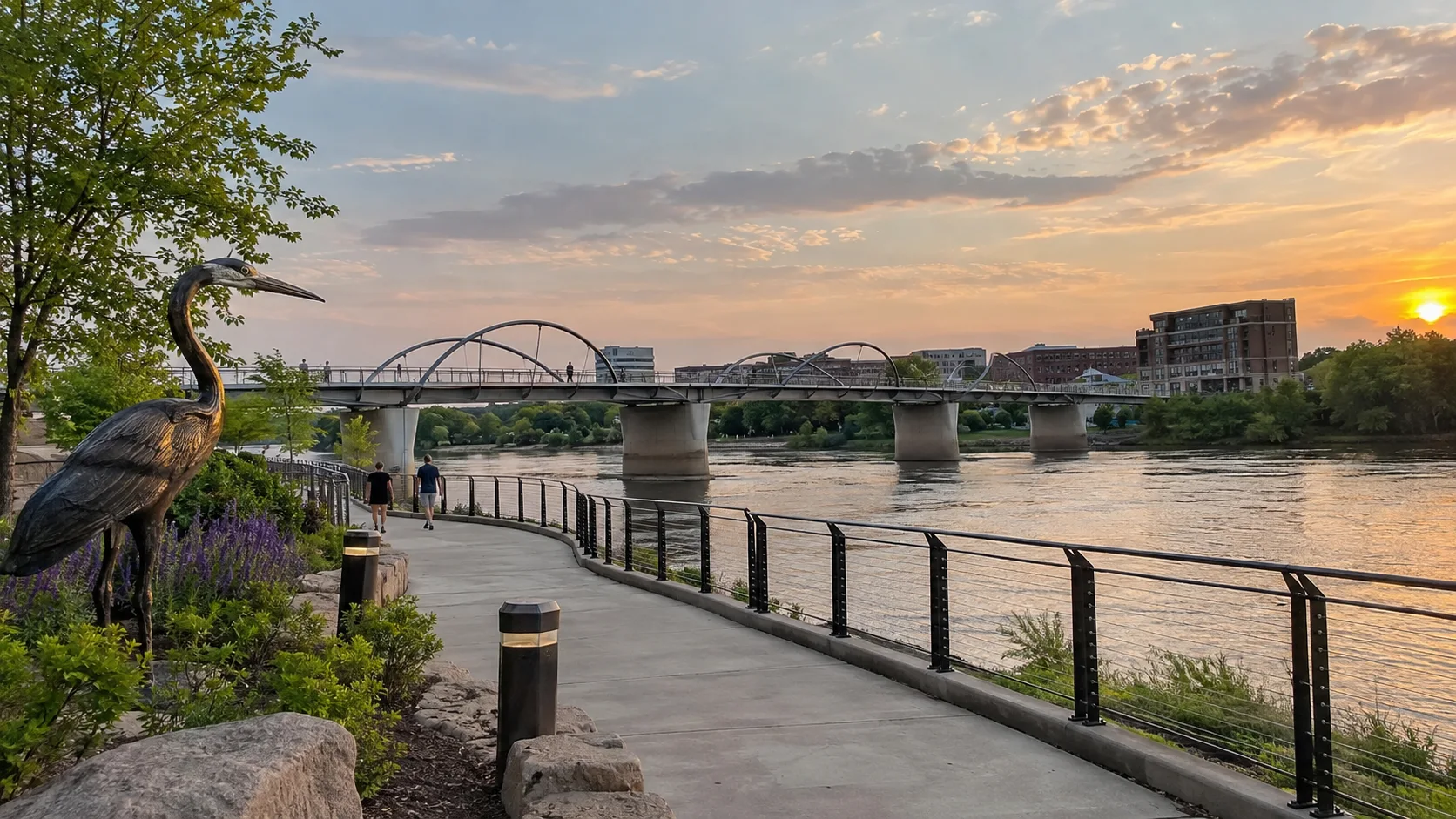 Pedestrian bridge and riverside trail in Eau Claire.