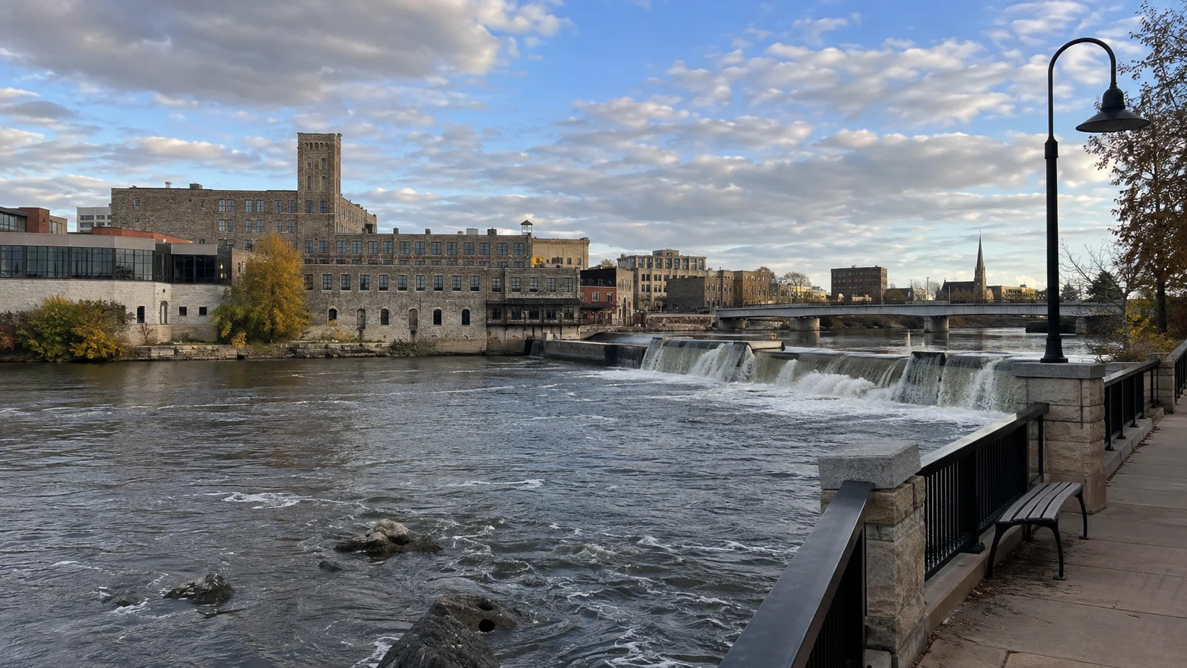 Historic mill district and Fox River walkway in Appleton.