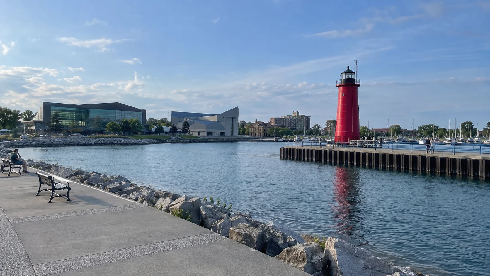 Kenosha harbor and red lighthouse beside Lake Michigan.