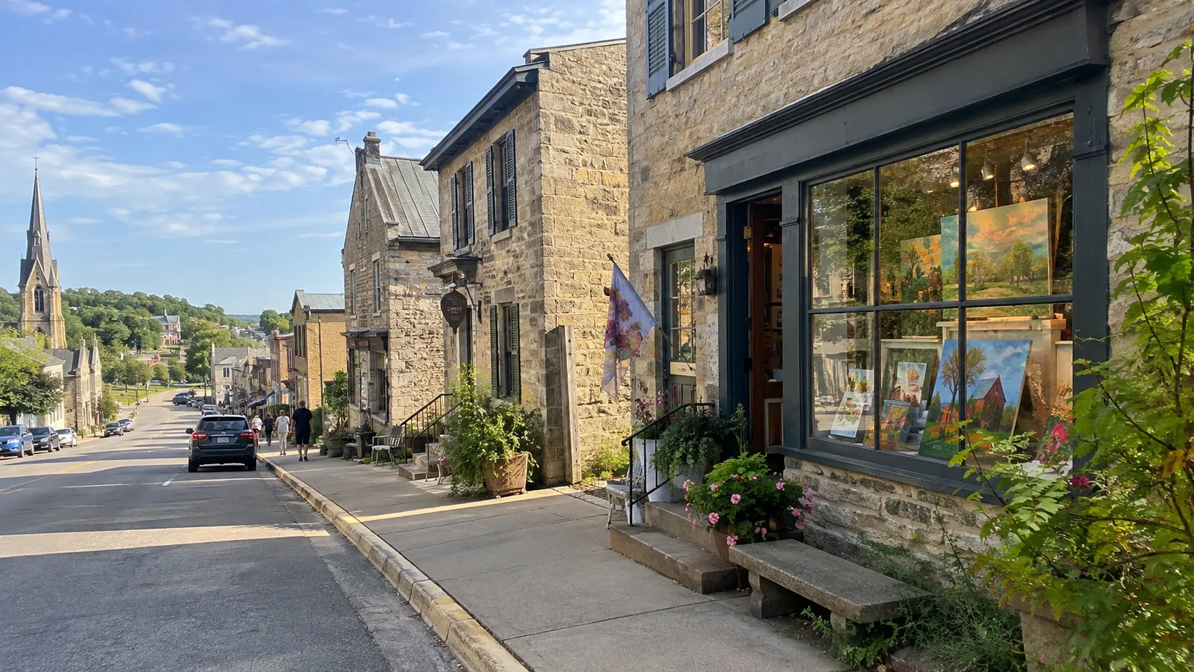 Historic limestone buildings and art shops in Mineral Point.