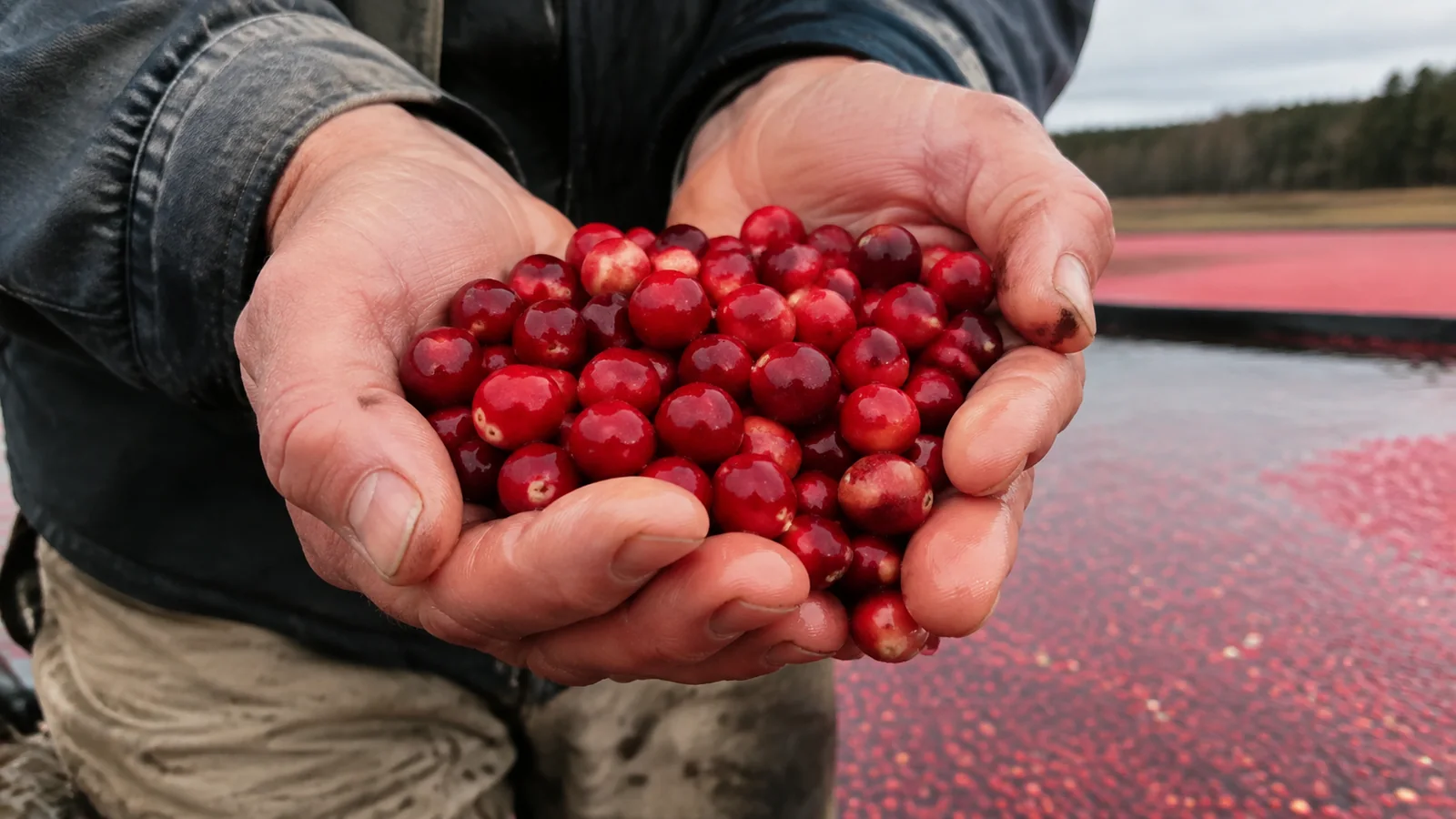 Cupped hands hold a pile of glossy red cranberries.