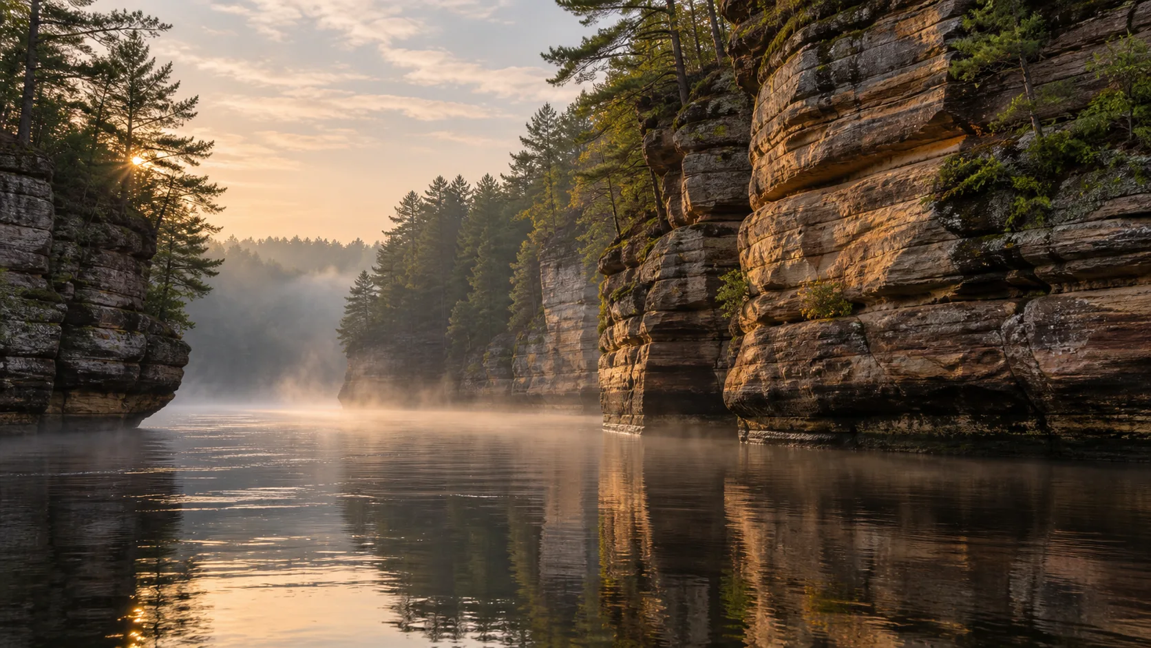 Pine-topped sandstone cliffs rise above the misty Wisconsin River at sunrise.