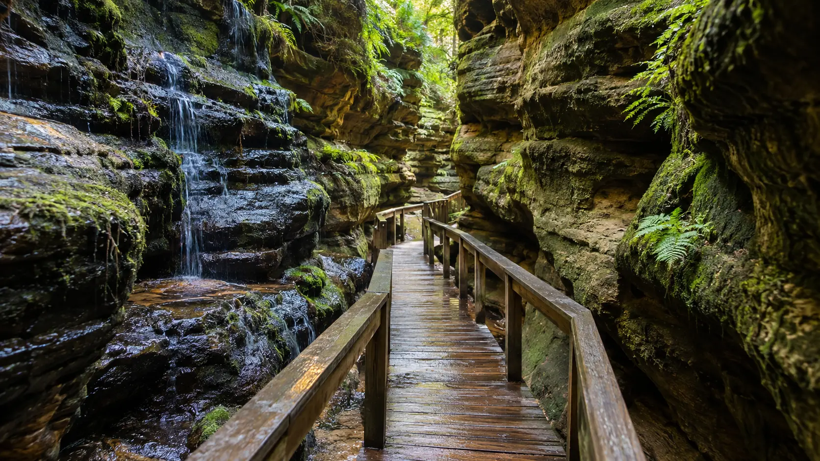 A wooden boardwalk winds between mossy sandstone walls in Witches Gulch.
