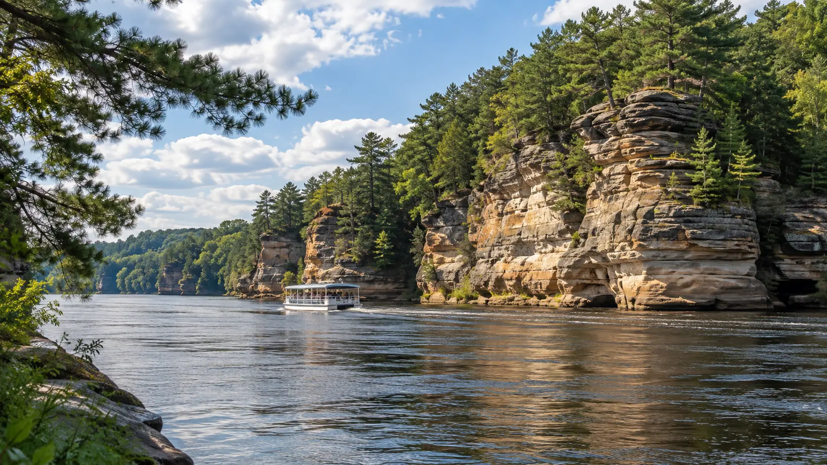 A small excursion boat cruises beneath layered sandstone cliffs in the Upper Wisconsin Dells.