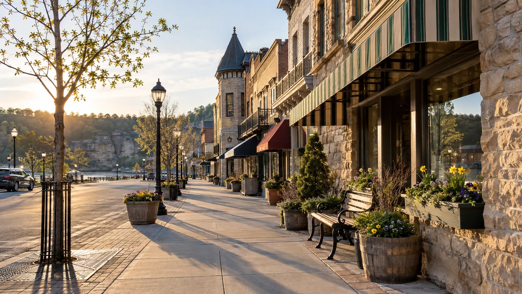 Warm morning light falls across a quiet storefront street in downtown Wisconsin Dells.