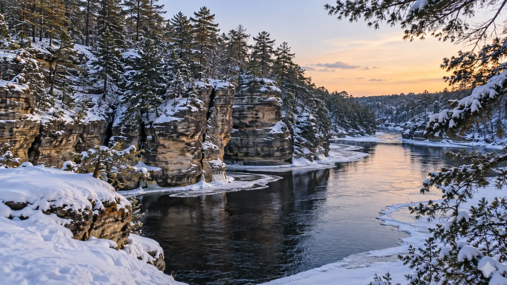 Snow-dusted sandstone cliffs and icy edges frame dark winter water in the Wisconsin Dells.
