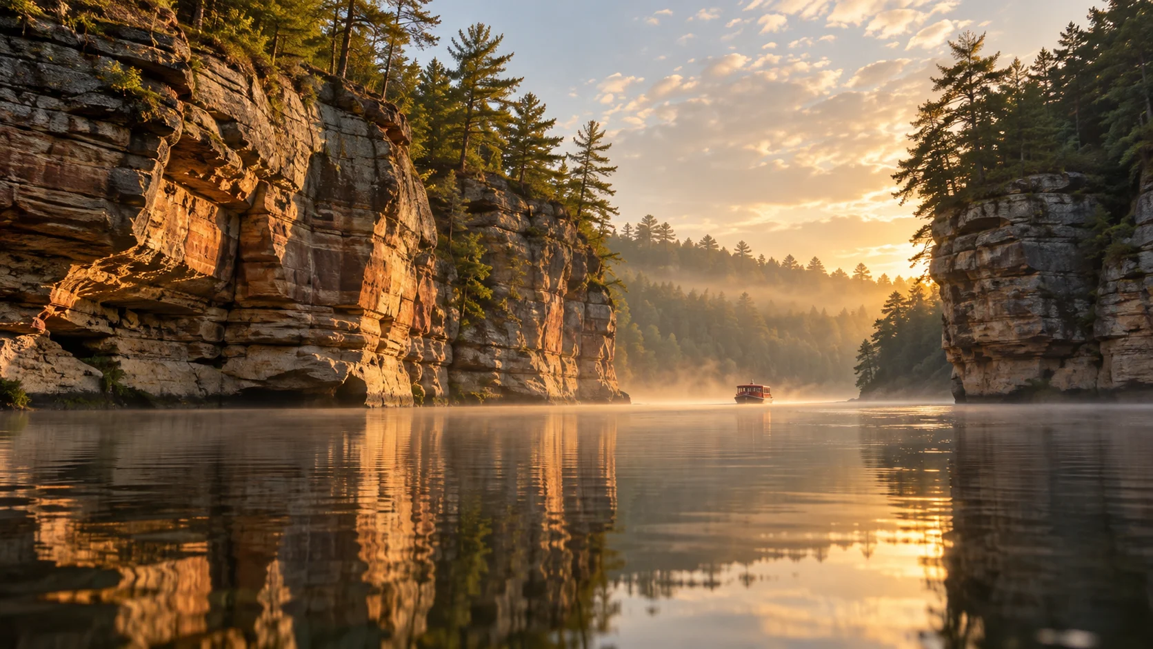 Golden sandstone cliffs frame a misty bend of the Wisconsin River at sunrise.