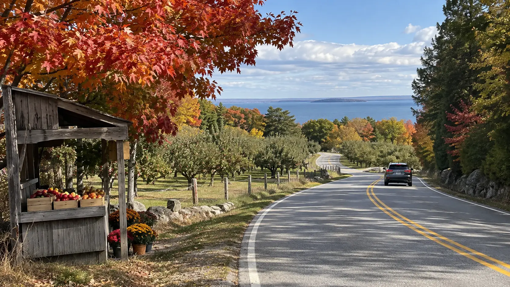 A car follows a curving Door County road past an apple stand and orchard toward Green Bay in fall.