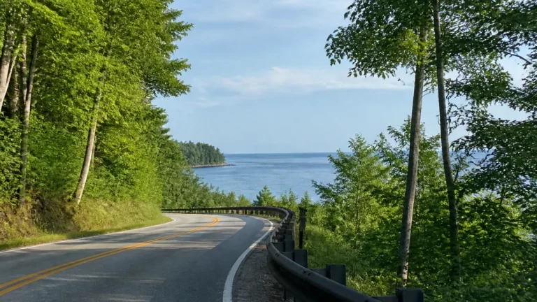 Tree-lined road curves downhill toward a blue lake