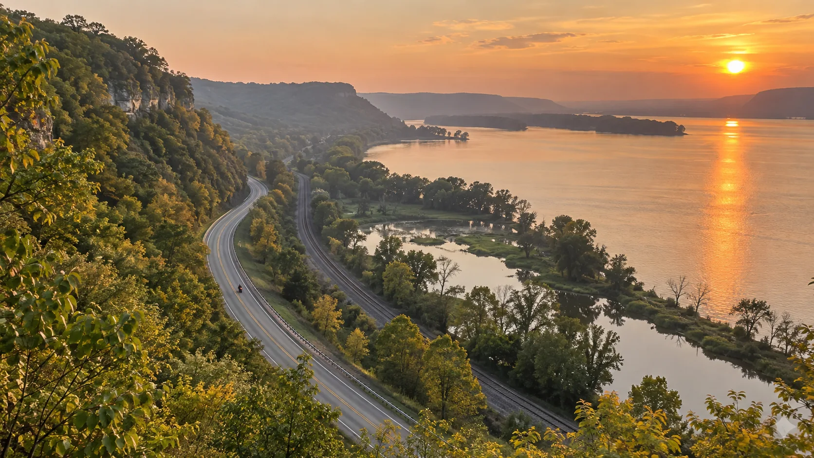 Wisconsin's Great River Road winds beneath wooded bluffs alongside the Mississippi River at sunset.