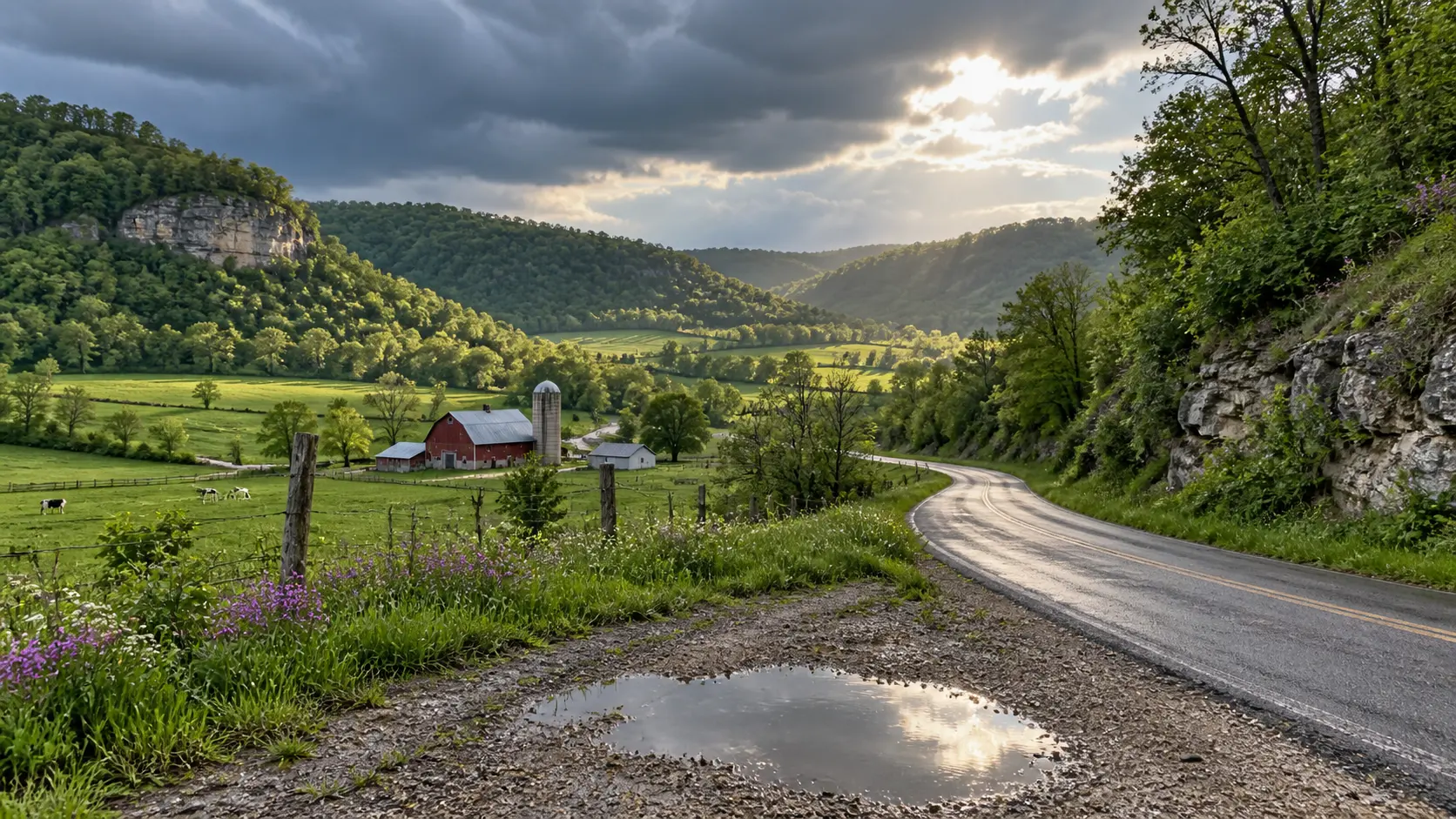 A wet country road curves through the green hills, limestone outcrops, and farms of Wisconsin's Driftless Area.