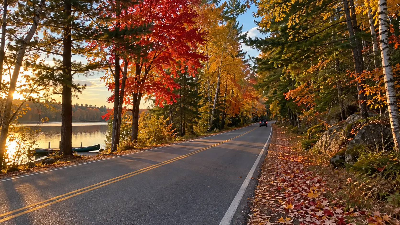 A quiet Northwoods highway passes a glassy lake beneath vivid red and gold autumn trees.