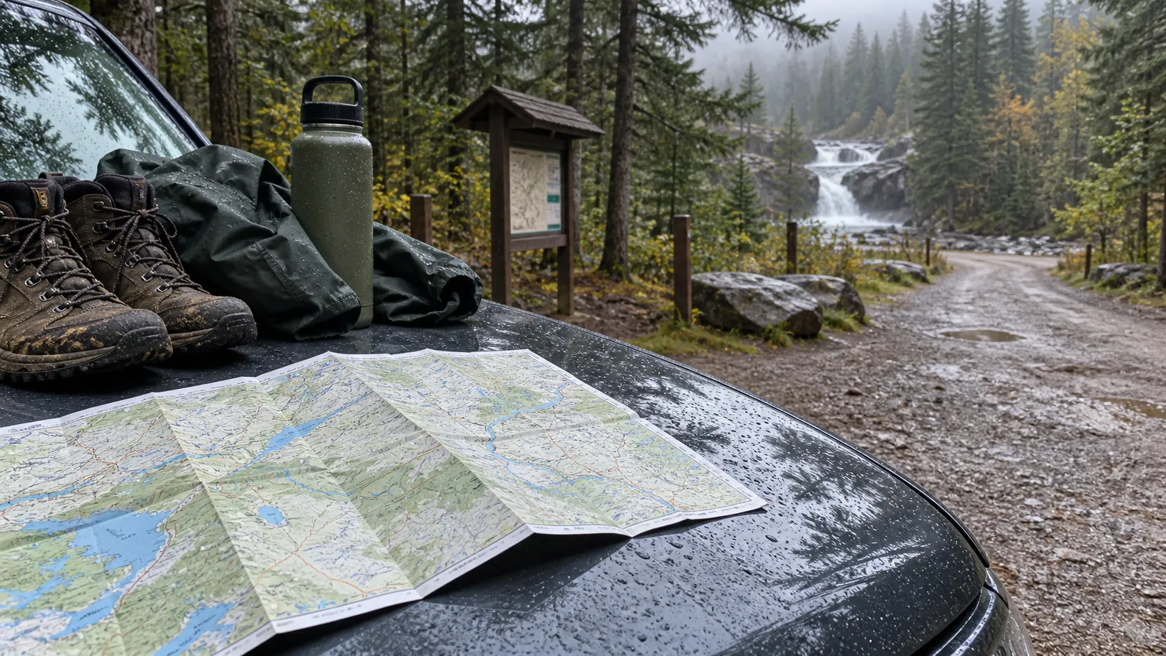 Road-trip supplies rest on a car hood at a misty northern Wisconsin trailhead.