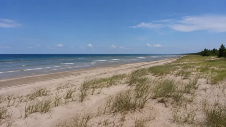 Grassy dunes border a long sandy beach beside blue water.