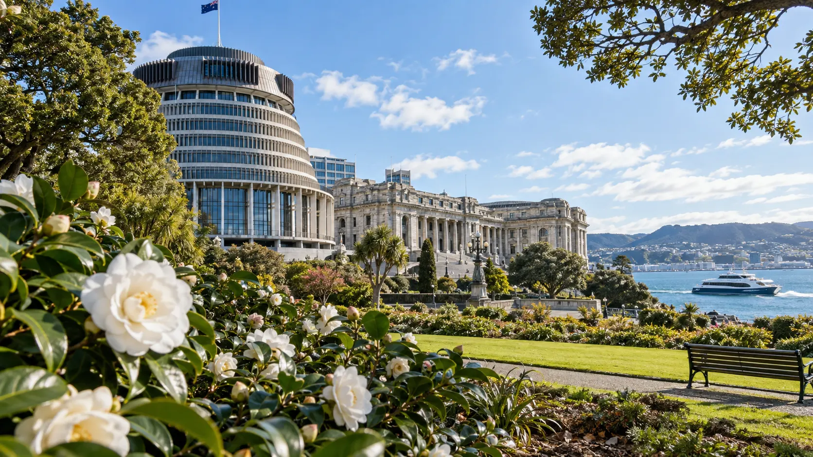 White camellias, Wellington's Parliament buildings and an electric harbor ferry