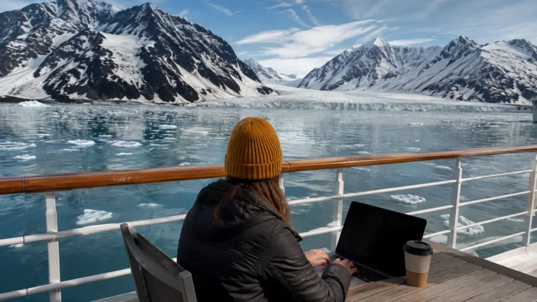 Bundled woman using a laptop on a cruise ship deck with a glacier behind her