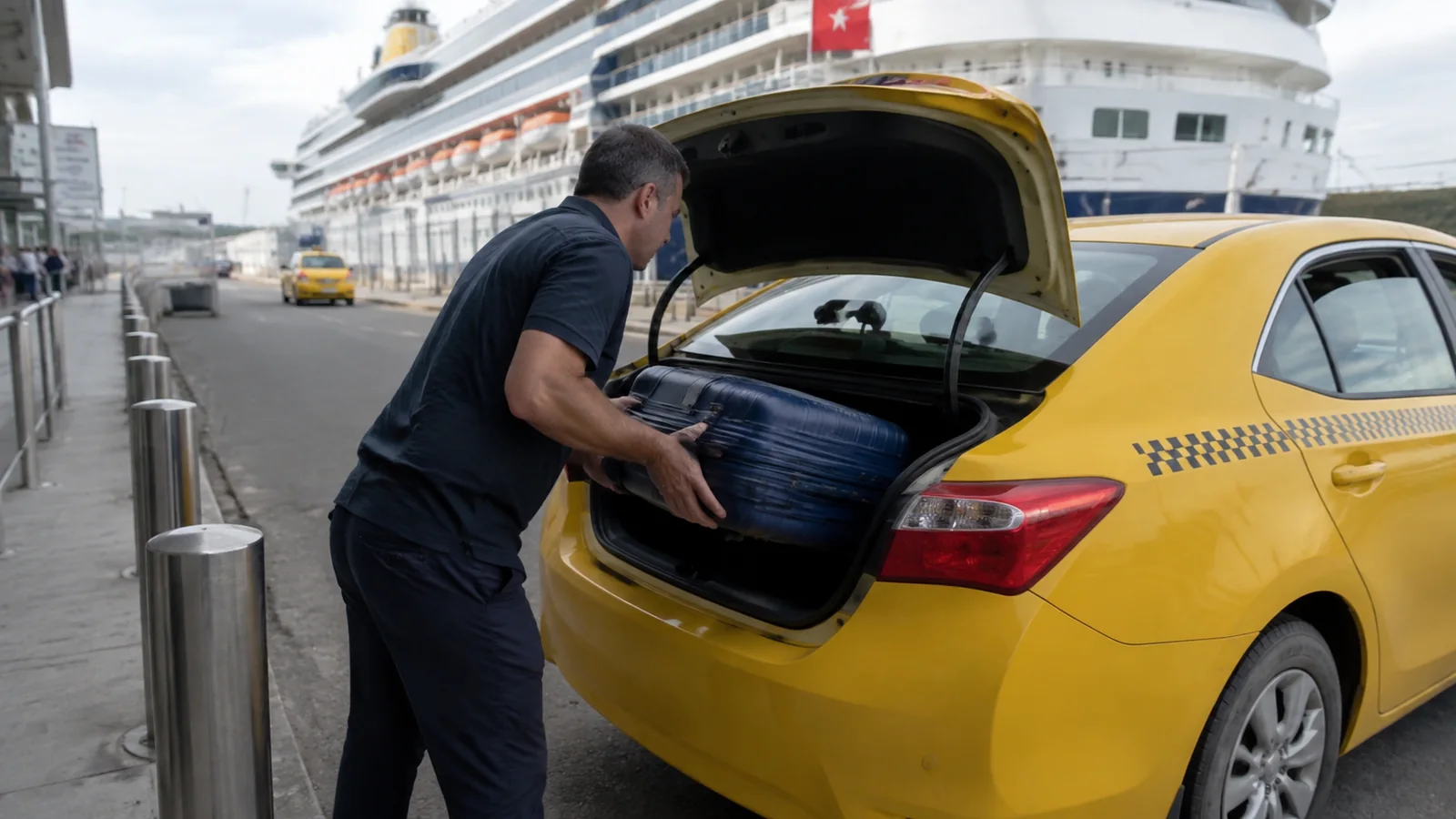 Driver loading a suitcase into a taxi trunk near a cruise terminal.