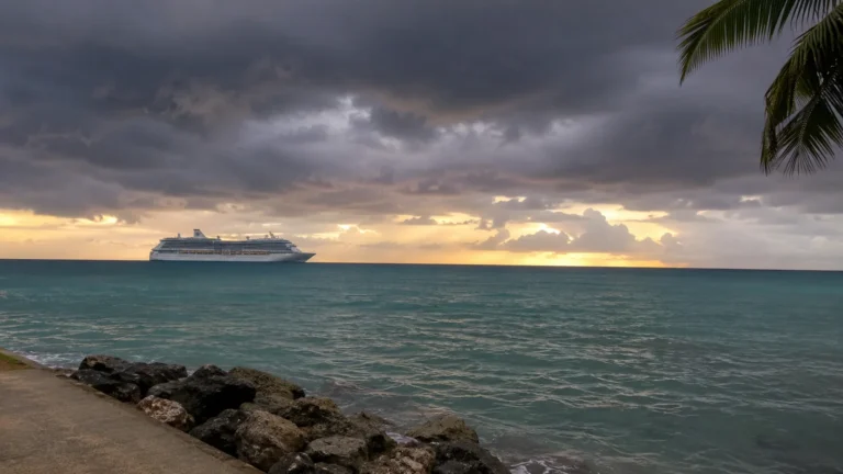 Cruise ship offshore beneath dark storm clouds at sunset