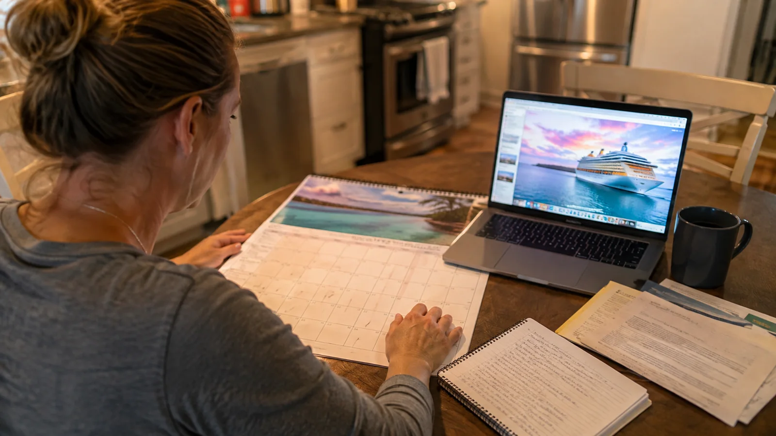 Woman using a laptop beside maps and notes at a table