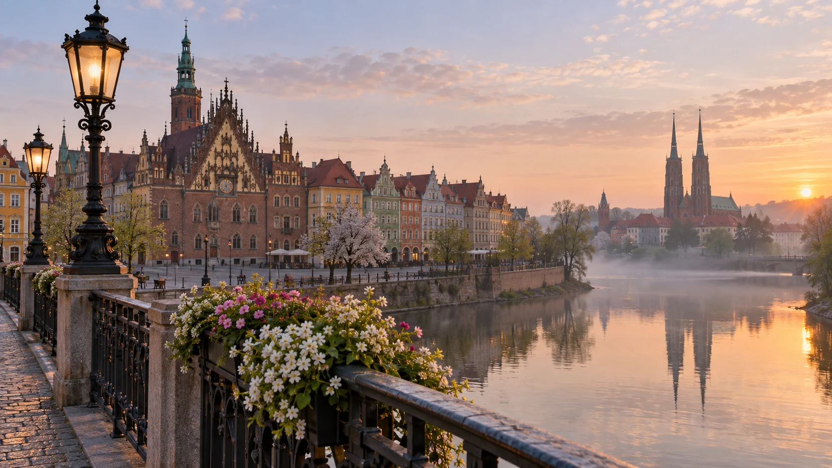 Wroclaw's colorful Market Square and Cathedral Island spires across the Oder at dawn