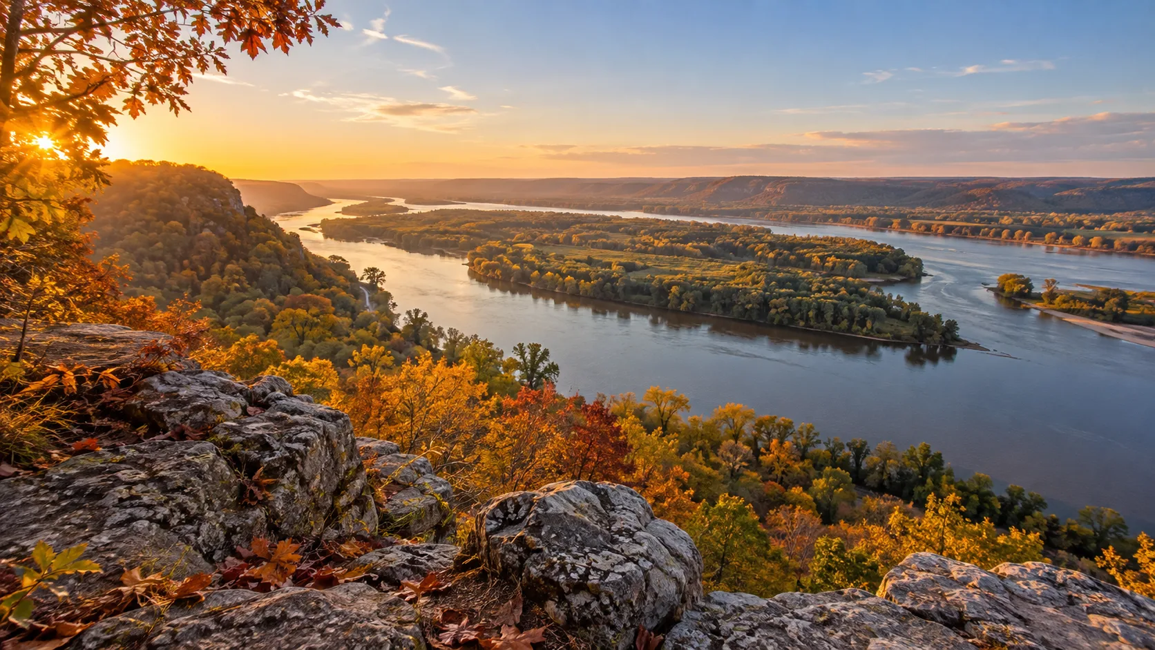 Autumn forest and limestone frame a sweeping view over the Mississippi River valley at Wyalusing State Park.