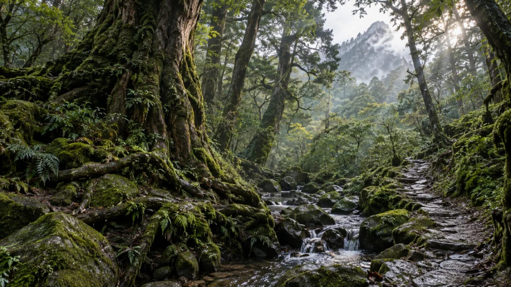 Ancient moss-covered cedar trees and a mountain stream in Yakushima, Japan.