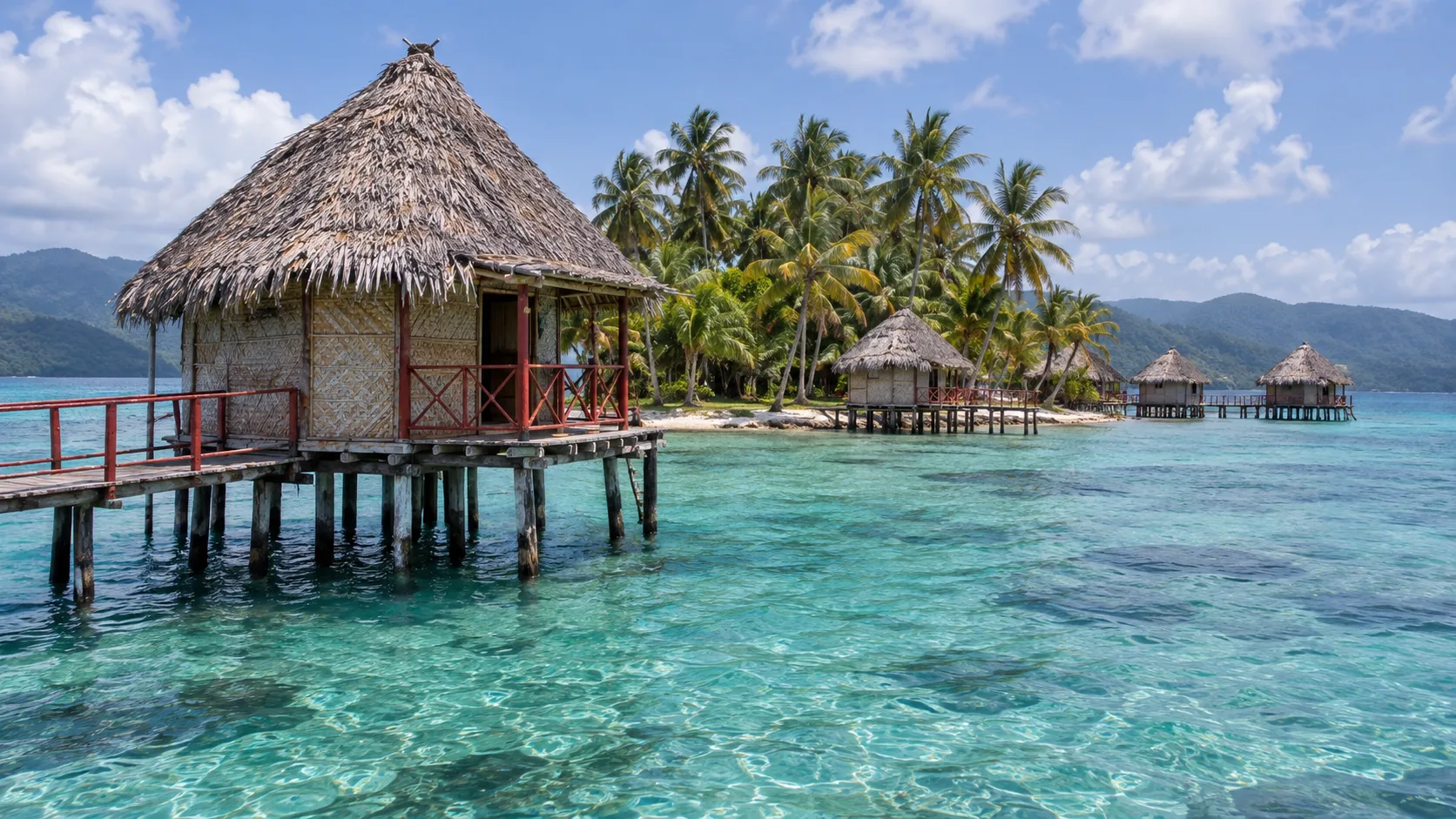 Traditional thatched overwater cabin with red railings at Yandup Island Lodge in Panama's Guna Yala archipelago.