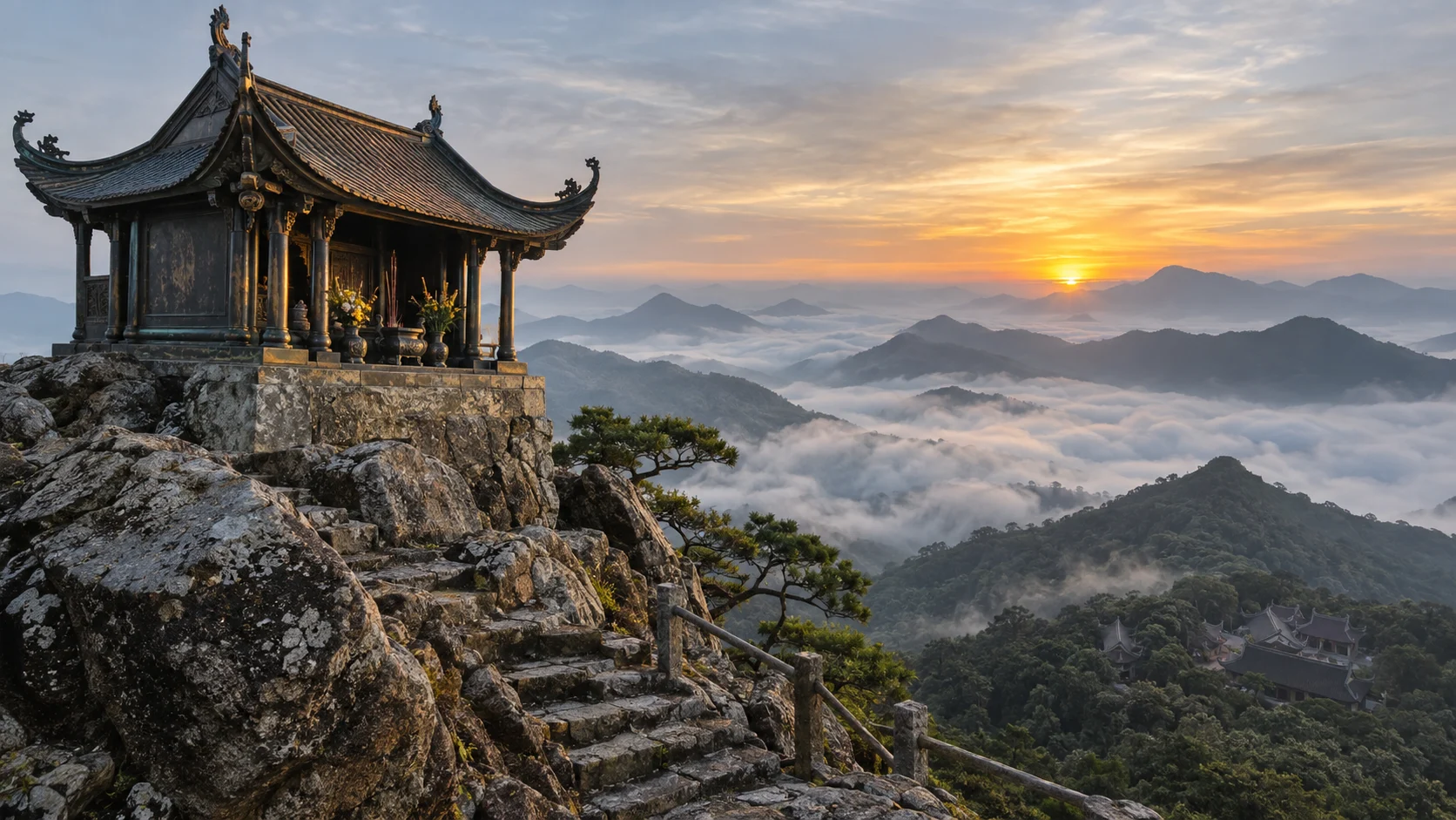 A summit pagoda above misty mountain ridges at Vietnam's sacred Yen Tu complex at sunrise.