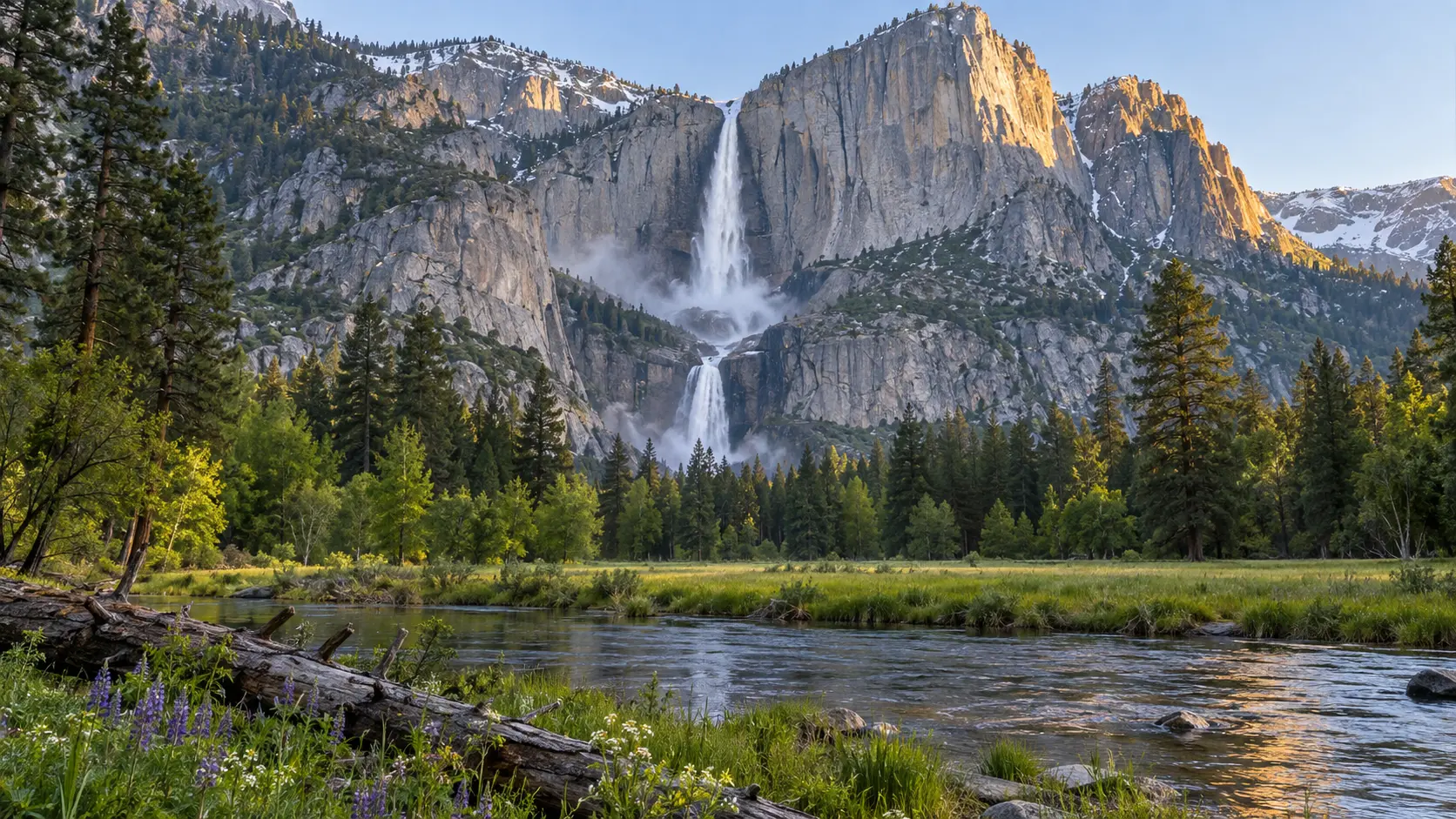 Yosemite Falls descending past granite cliffs above the Merced River in spring