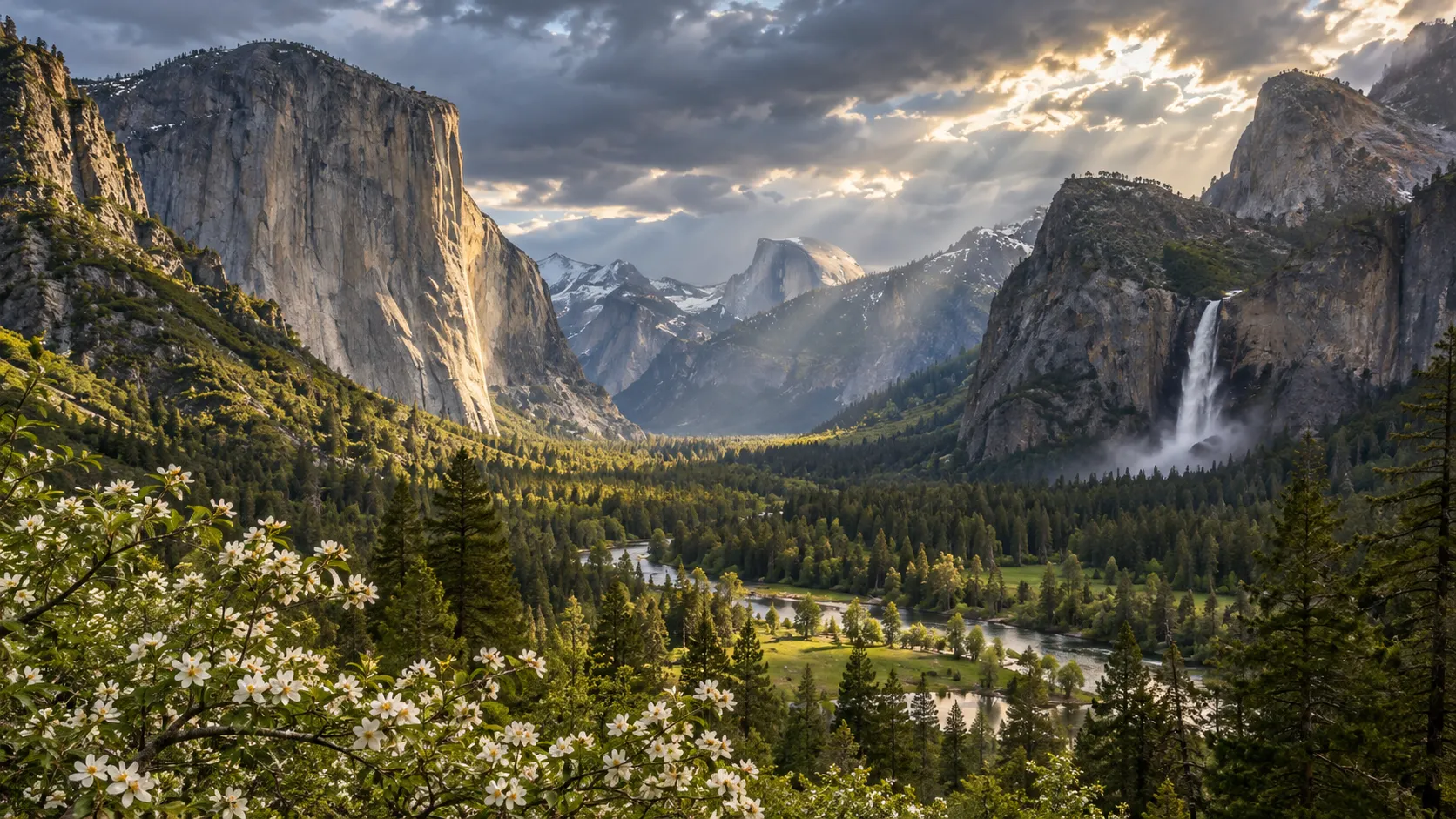 El Capitan, Half Dome and Bridalveil Fall frame Yosemite Valley after a spring storm.